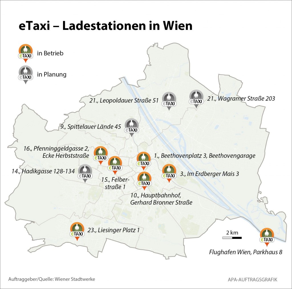 Eine Übersicht über die e-Taxi-Ladestationen in Wien © Wiener Stadtwerke