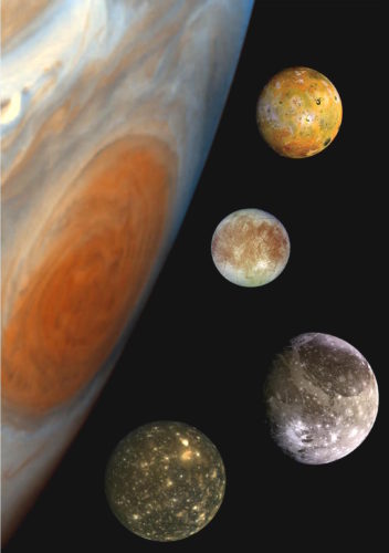  „Familienporträt“ von Jupiter mit seinen vier größten Monden (von oben nach unten) Io, Europa, Ganymed und Kallisto